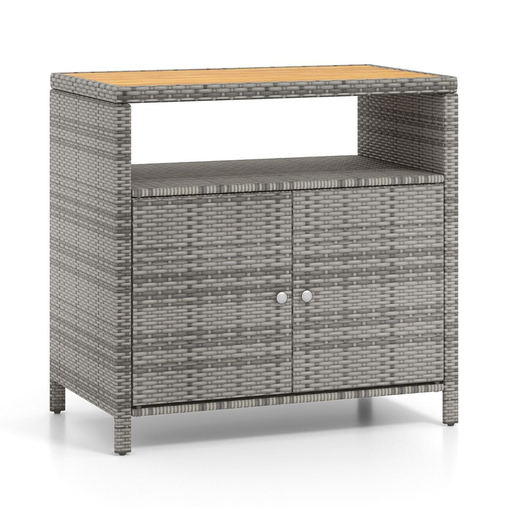 Armoire de Rangement Exterieur en Rotin Armoire de Jardin avec Plateau en Bois d'Acacia Compartiment Ouvert Buffet à 2 Portes -