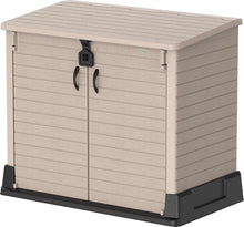 Load image into Gallery viewer, Duramax StoreAway 1200L Plastic Garden Shed/ Flat Lid,Outdoor Storage Shed,Wheelie Bin Hideaways,Wheelie bin box,Durable Construction,Ideal for Bikes,BBQs &amp; 2x 240L Bins,145x85x125 cm,Brown