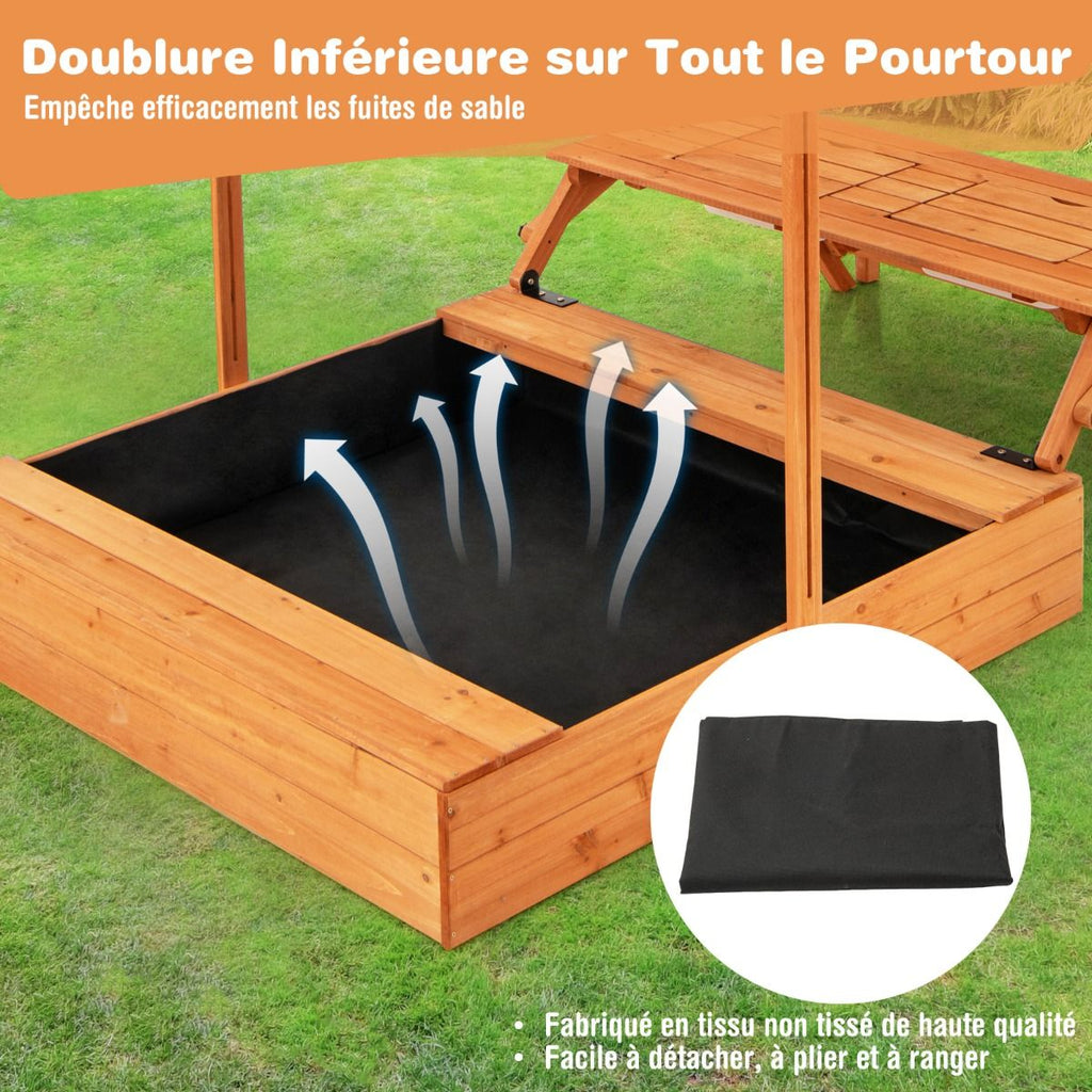 Bac à Sable en Bois pour Enfants avec Couvercle Aire de Jeux avec Table Sensorielle Pliable & Banc Parasol Ajustable pour 3+ Ans Naturel -