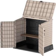 Load image into Gallery viewer, Duramax StoreAway 1200L Plastic Garden Shed/ Flat Lid,Outdoor Storage Shed,Wheelie Bin Hideaways,Wheelie bin box,Durable Construction,Ideal for Bikes,BBQs &amp; 2x 240L Bins,145x85x125 cm,Brown