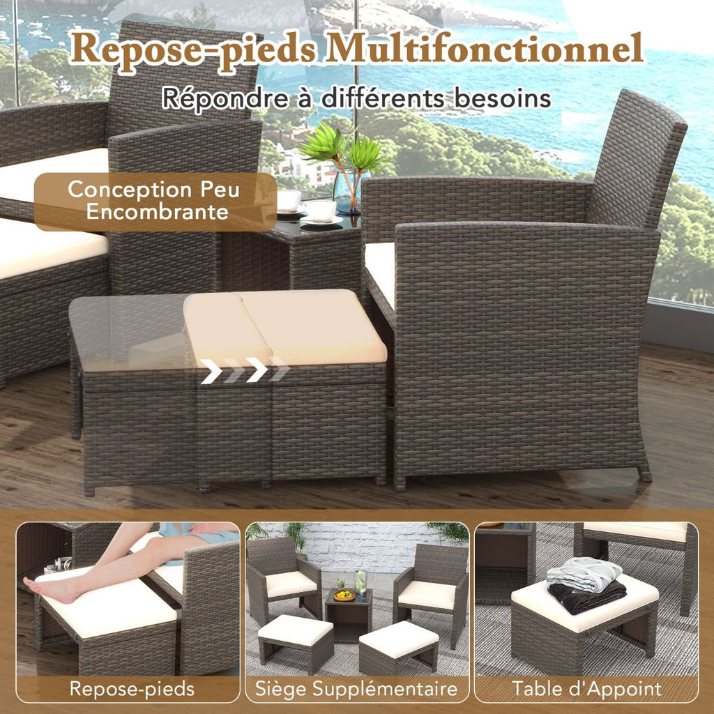 Ensemble Meuble de Salon 5PCS Salon de Jardin en Rotin PE avec Coussin pour Balcon Piscine Terrasse Gris/Blanc -
