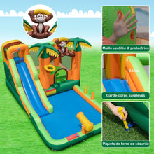 Load image into Gallery viewer, 7 en 1 Château Gonflable Tropical à Thème Singe &amp; Palmier avec Toboggan Aquatique avec Piscine &amp; 50 Boules Charge 90kg pour 2 Enfants de 3-10 Ans -