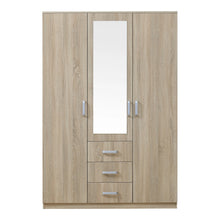 Load image into Gallery viewer, Armoire de chambre garde-robe moderne meuble de rangement intemporel 5 étagères 3 tiroirs + miroir MDF 176 x 120 x 52 cm effet chêne sonoma 03_0006369