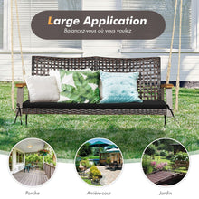 Load image into Gallery viewer, Banc Suspendu de Jardin en Rotin 2 Place Accoudoirs en Bois d'Acacia Cadre en Métal Coussin Cordes Crochets Blanc/Noir -