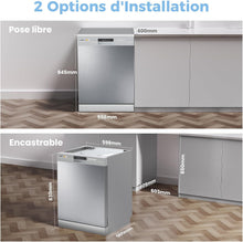 Load image into Gallery viewer, COMFEE' CDWPF1201PS Lave-vaisselle Pose Libre, 60 cm, 12 couverts, départ différé, fonction demi-charge, paniers flexibles - Acier Inoxydable, 49 dB, Commande Bouton