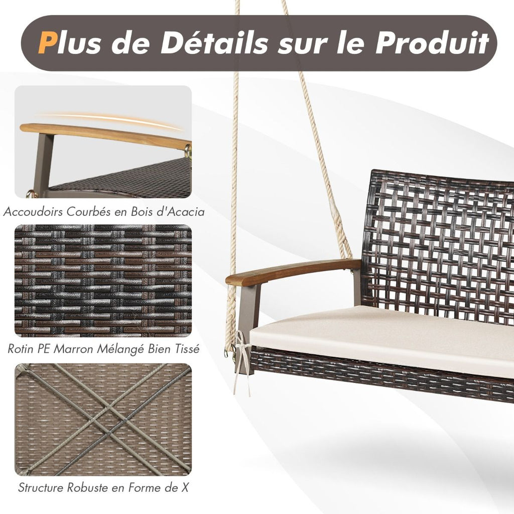 Banc Suspendu de Jardin en Rotin 2 Place Accoudoirs en Bois d'Acacia Cadre en Métal Coussin Cordes Crochets Blanc/Noir -