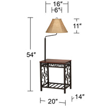 Load image into Gallery viewer, Regency Hill Travata Rustic Vintage Floor Lamp with End Table 54" Tall Bronze Scrollwork Swing Arm Burlap Fabric Empire Shade for Living Room Reading