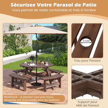 Load image into Gallery viewer, Ensemble Table de Pique-Nique en Bois pour 2  8 Personnes Set Table et Banc Circulaire avec 4 Bancs Intgrs Trou de Parasol de 5cm Marron/Jaune -