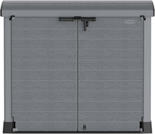 Load image into Gallery viewer, Duramax StoreAway 1200L Plastic Garden Shed/ Flat Lid,Outdoor Storage Shed,Wheelie Bin Hideaways,Wheelie bin box,Durable Construction,Ideal for Bikes,BBQs &amp; 2x 240L Bins,145x85x125 cm,Brown