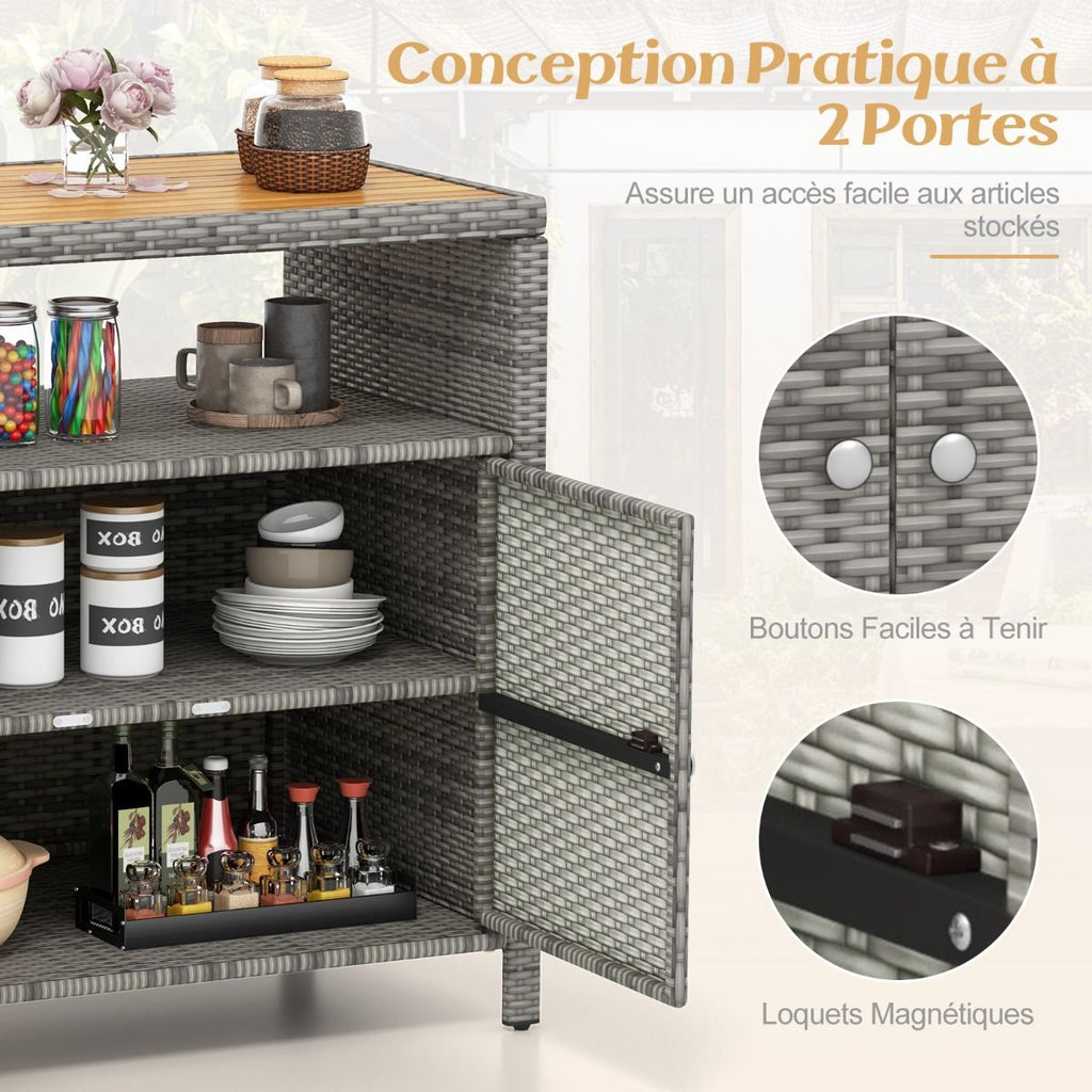 Armoire de Rangement Exterieur en Rotin Armoire de Jardin avec Plateau en Bois d'Acacia Compartiment Ouvert Buffet  2 Portes -