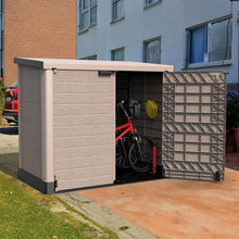 Load image into Gallery viewer, Duramax StoreAway 1200L Plastic Garden Shed/ Flat Lid,Outdoor Storage Shed,Wheelie Bin Hideaways,Wheelie bin box,Durable Construction,Ideal for Bikes,BBQs &amp; 2x 240L Bins,145x85x125 cm,Brown