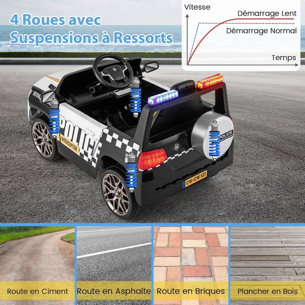 Voiture de Police Electrique Alimentée par Batterie 12 V/7 A Télécommande Connexion Sans Fil Musique Klaxon Sirène Lumières LED Blanc -