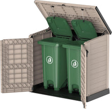 Load image into Gallery viewer, Duramax StoreAway 1200L Plastic Garden Shed/ Flat Lid,Outdoor Storage Shed,Wheelie Bin Hideaways,Wheelie bin box,Durable Construction,Ideal for Bikes,BBQs &amp; 2x 240L Bins,145x85x125 cm,Brown