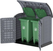 Load image into Gallery viewer, Duramax StoreAway 1200L Plastic Garden Shed/ Flat Lid,Outdoor Storage Shed,Wheelie Bin Hideaways,Wheelie bin box,Durable Construction,Ideal for Bikes,BBQs &amp; 2x 240L Bins,145x85x125 cm,Brown