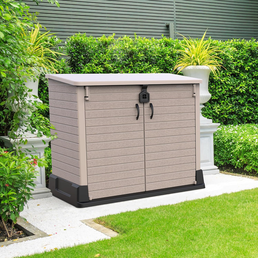Duramax StoreAway 1200L Plastic Garden Shed/ Flat Lid,Outdoor Storage Shed,Wheelie Bin Hideaways,Wheelie bin box,Durable Construction,Ideal for Bikes,BBQs & 2x 240L Bins,145x85x125 cm,Brown