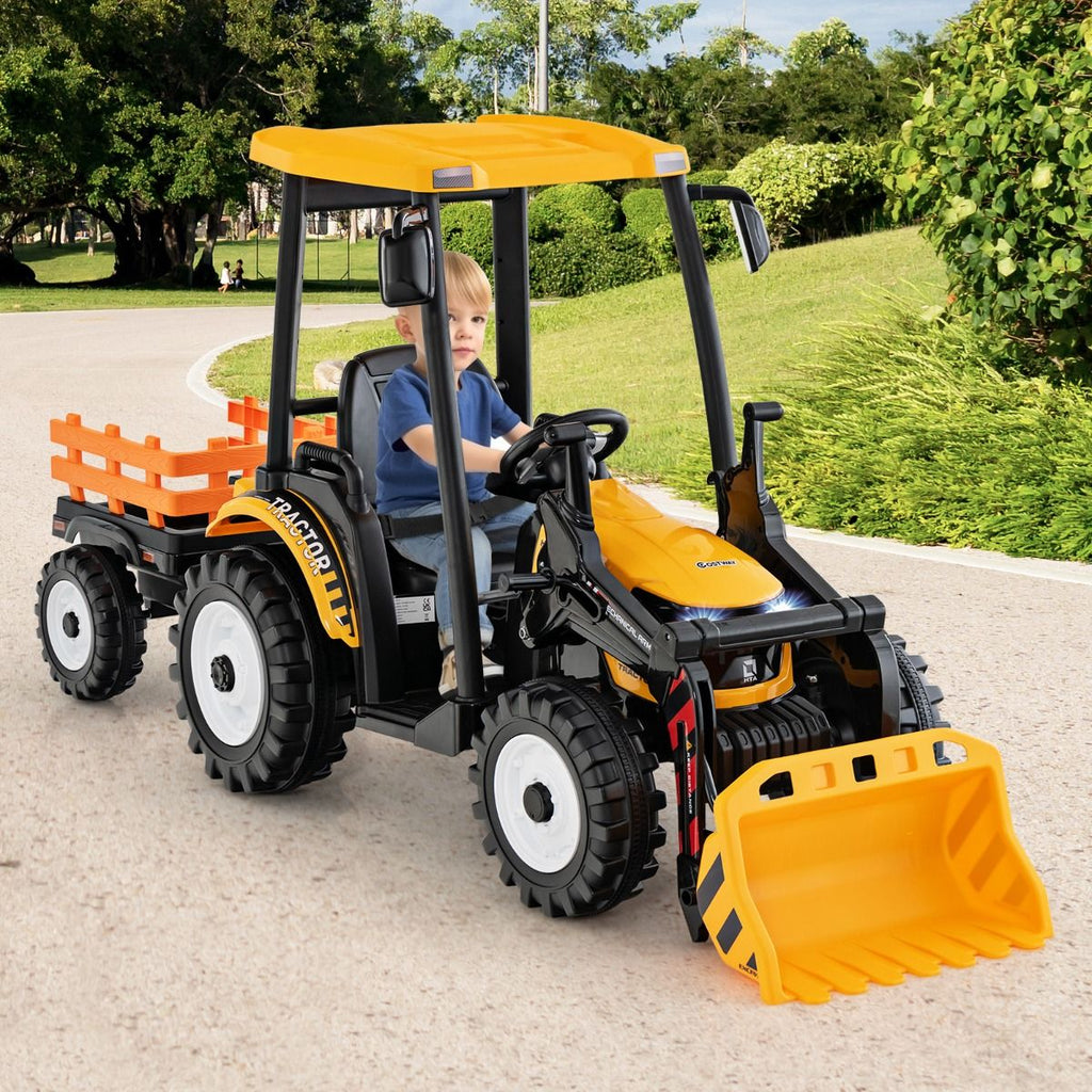 12V Tracteur lectrique Enfants avec Pelle&Remorque Amovible Vhicule lectrique  6 Roues avec Tlcommande & Musique 3-6 km/h pour 3-8 Ans Jaune/Vert -