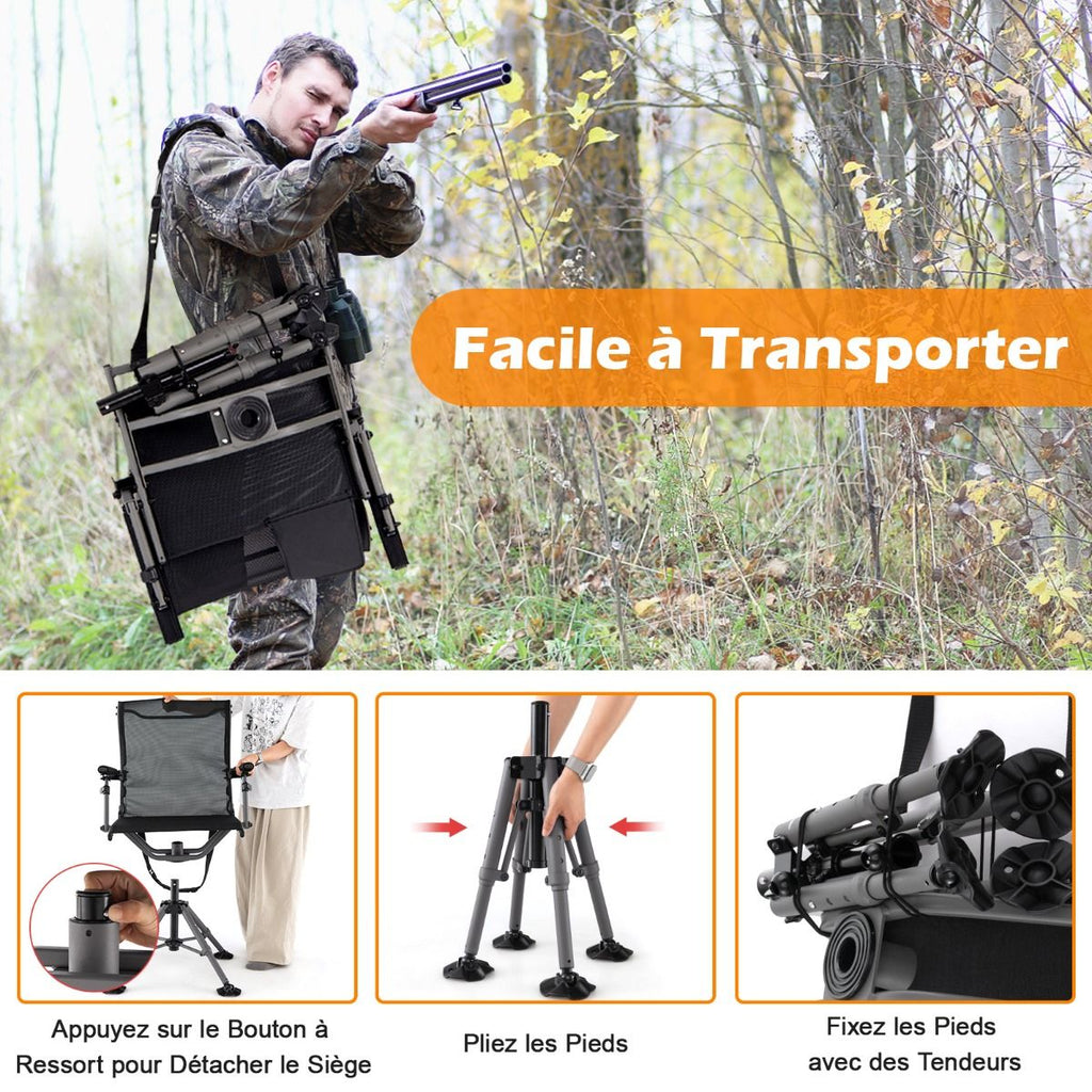 Chaise de Chasse Portable Chaise de Tir avec Siège de Pliable Réglables Rotation à 360° Support de Fusil Réglable Charge 150 kg Noir -