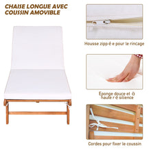 Load image into Gallery viewer, Chaise Longue Pliable en Bois avec 2 Roues et un Coussin Amovible Dossier Rglable Capacit Portante 160KG Idal pour L檈xtrieur -