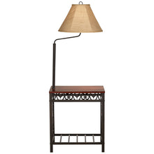 Load image into Gallery viewer, Regency Hill Travata Rustic Vintage Floor Lamp with End Table 54" Tall Bronze Scrollwork Swing Arm Burlap Fabric Empire Shade for Living Room Reading
