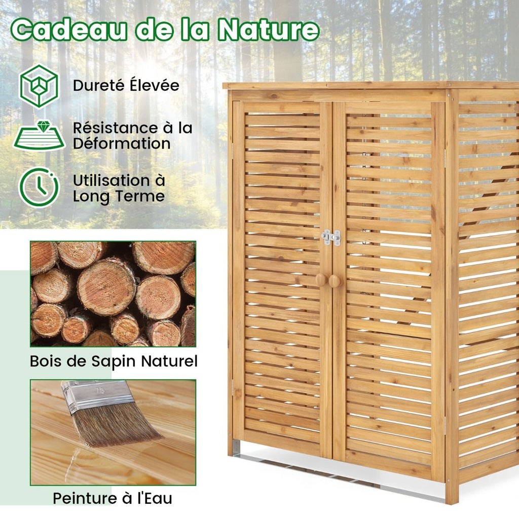 Abri à Poubelle en Bois de 120 L Abri pour Outils d'Extérieur avec Couvercle Ouvrable Doubles Portes Loquet de Verrouillage Naturel -