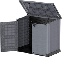 Load image into Gallery viewer, Duramax StoreAway 1200L Plastic Garden Shed/ Flat Lid,Outdoor Storage Shed,Wheelie Bin Hideaways,Wheelie bin box,Durable Construction,Ideal for Bikes,BBQs &amp; 2x 240L Bins,145x85x125 cm,Brown
