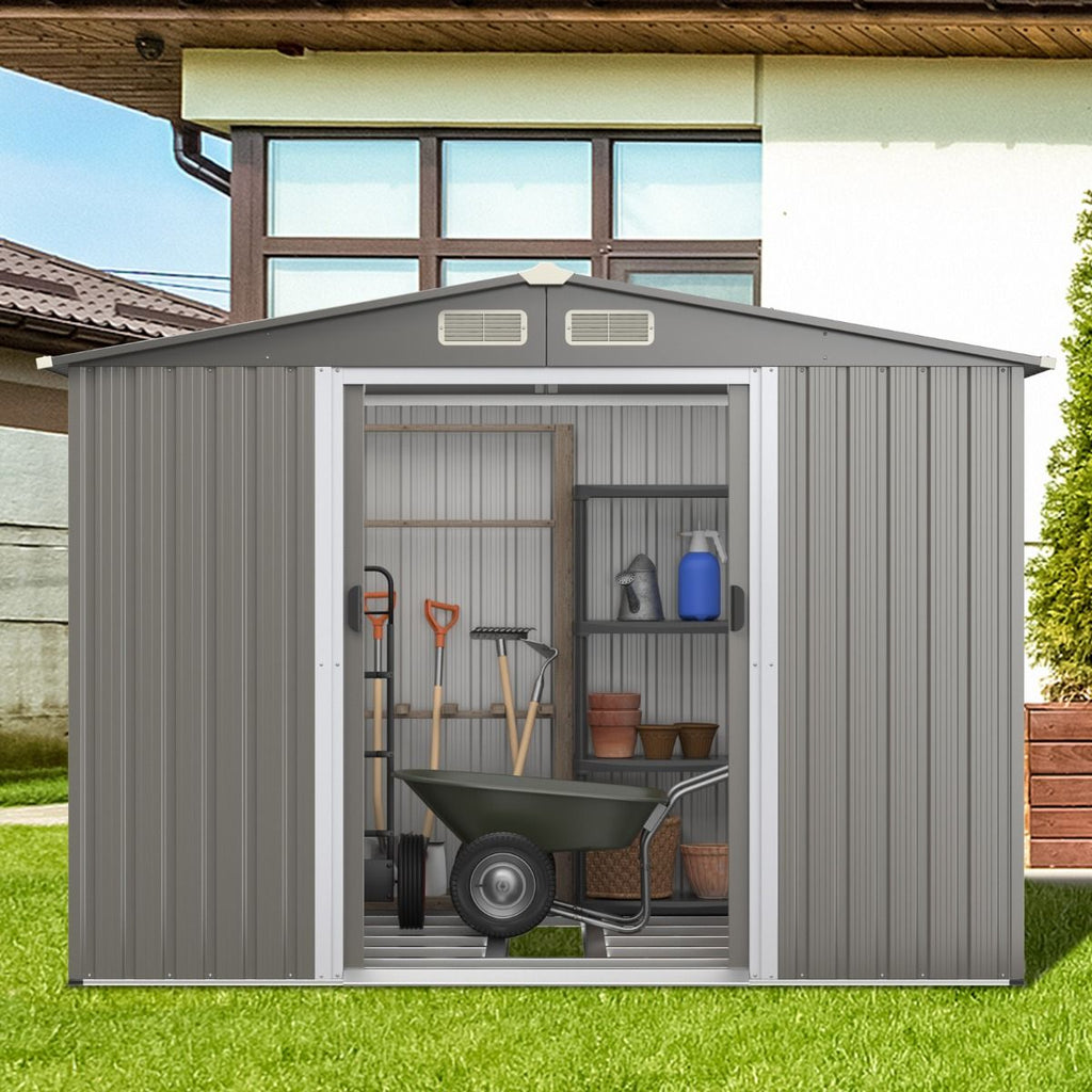 Abri de Jardin Mtal Extrieur 9.74m鲁 Acier Galvanis avec Fondation 4 Persiennes Double Porte et Rampe 260 x 207 x 181 cm Gris Fonc/Gris Clair -
