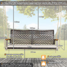 Load image into Gallery viewer, Banc Suspendu de Jardin en Rotin 2 Place Accoudoirs en Bois d'Acacia Cadre en Métal Coussin Cordes Crochets Blanc/Noir -