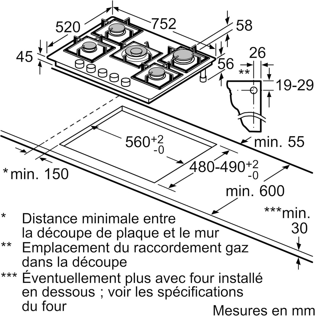 PPQ7A6I40,Srie 6,Plaque gaz,5 feux,80 cm,Verre tremp noir