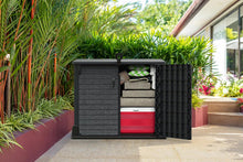Load image into Gallery viewer, Duramax StoreAway 1200L Plastic Garden Shed/ Flat Lid,Outdoor Storage Shed,Wheelie Bin Hideaways,Wheelie bin box,Durable Construction,Ideal for Bikes,BBQs &amp; 2x 240L Bins,145x85x125 cm,Brown