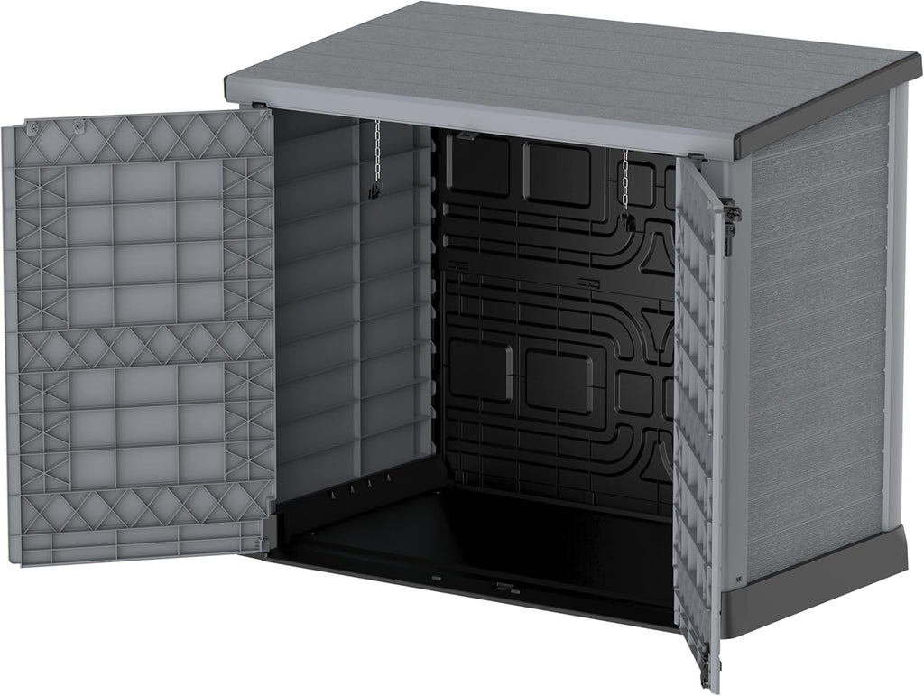 Duramax StoreAway 1200L Plastic Garden Shed/ Flat Lid,Outdoor Storage Shed,Wheelie Bin Hideaways,Wheelie bin box,Durable Construction,Ideal for Bikes,BBQs & 2x 240L Bins,145x85x125 cm,Brown