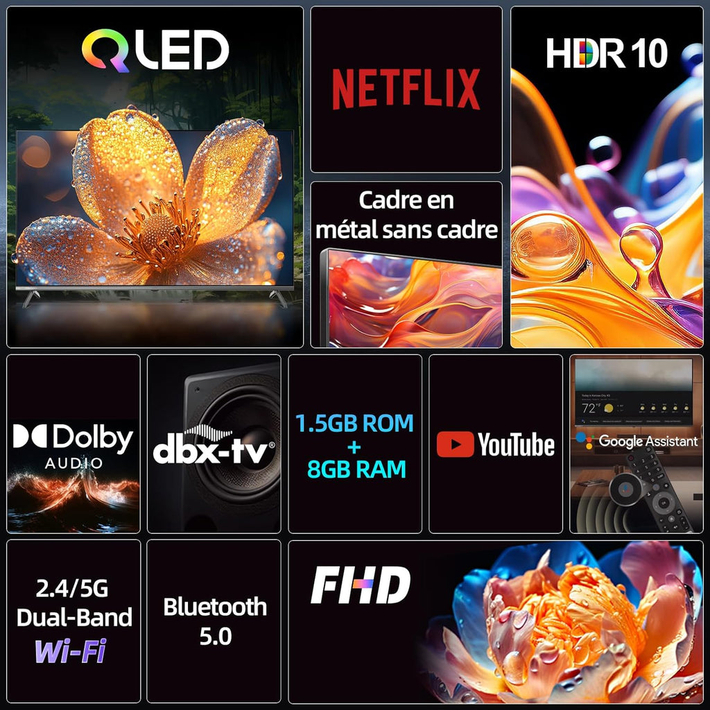 CHIQ L32QM9G 32 Pouces (80 cm) FHD Smart Téléviseur QLED HDR10 Google TV Google Assistant Tuner Triple Dolby Audio DBX-TV Chromecast intégré HDMI USB sans Cadre en Métal Noir