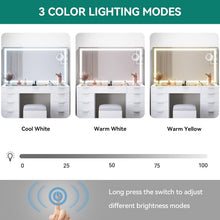 Load image into Gallery viewer, YITAHOME Grande Coiffeuse avec éclairage LED réglable et Prises électriques, Coiffeuse avec Miroir, Toit en Verre Transparent, 11 tiroirs et Tabouret, Blanc