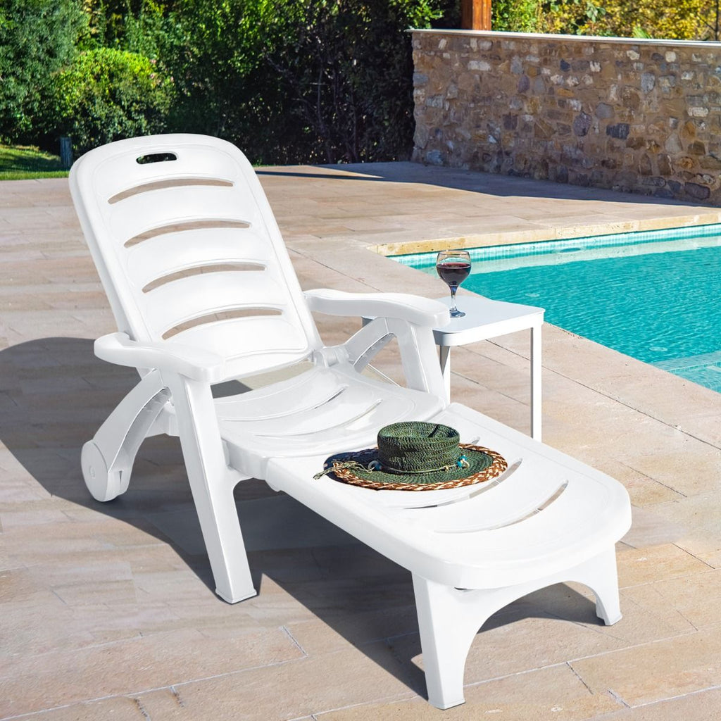 Chaise Longue Pliable Dossier Inclinable  5 Positions avec Roues Intgres pour Terrasse Jardin Piscine 150 kg Gris/Blanc/Bleu -