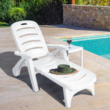 Load image into Gallery viewer, Chaise Longue Pliable Dossier Inclinable  5 Positions avec Roues Intgres pour Terrasse Jardin Piscine 150 kg Gris/Blanc/Bleu -