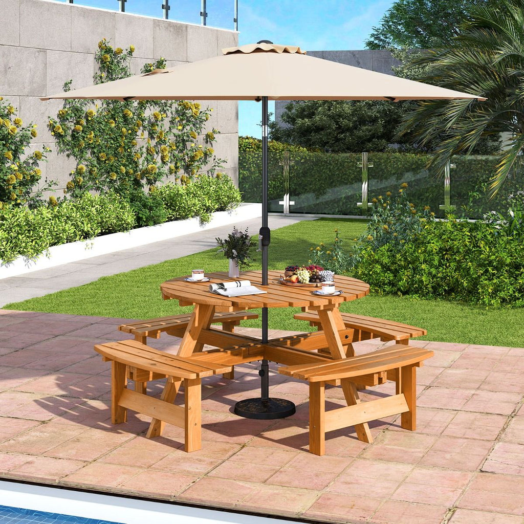 Ensemble Table de Pique-Nique en Bois pour 2 à 8 Personnes Set Table et Banc Circulaire avec 4 Bancs Intégrés Trou de Parasol de 5cm Marron/Jaune -