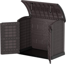 Load image into Gallery viewer, Duramax StoreAway 1200L Plastic Garden Shed/ Flat Lid,Outdoor Storage Shed,Wheelie Bin Hideaways,Wheelie bin box,Durable Construction,Ideal for Bikes,BBQs &amp; 2x 240L Bins,145x85x125 cm,Brown