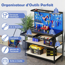 Load image into Gallery viewer, tabli de Bricolage 121 x 61 cm Table de Travail en Mtal de 230 kg avec 3 Panneaux Perfors 24 Accessoires de Suspension Noir/Bleu Marine -