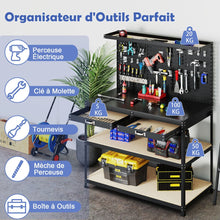 Load image into Gallery viewer, Établi de Bricolage 121 x 61 cm Table de Travail en Métal de 230 kg avec 3 Panneaux Perforés 24 Accessoires de Suspension Noir/Bleu Marine -