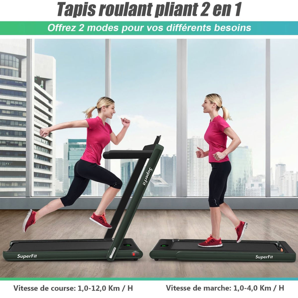2 en 1 Tapis de Course Electrique Pliable 1 à 12 Km/H avec Haut-parleur Bluetooth Télécommande Moteur 0,75HP Vert/Blanc/Noir/Rouge/Or/Noir et Argenté/Bleu -