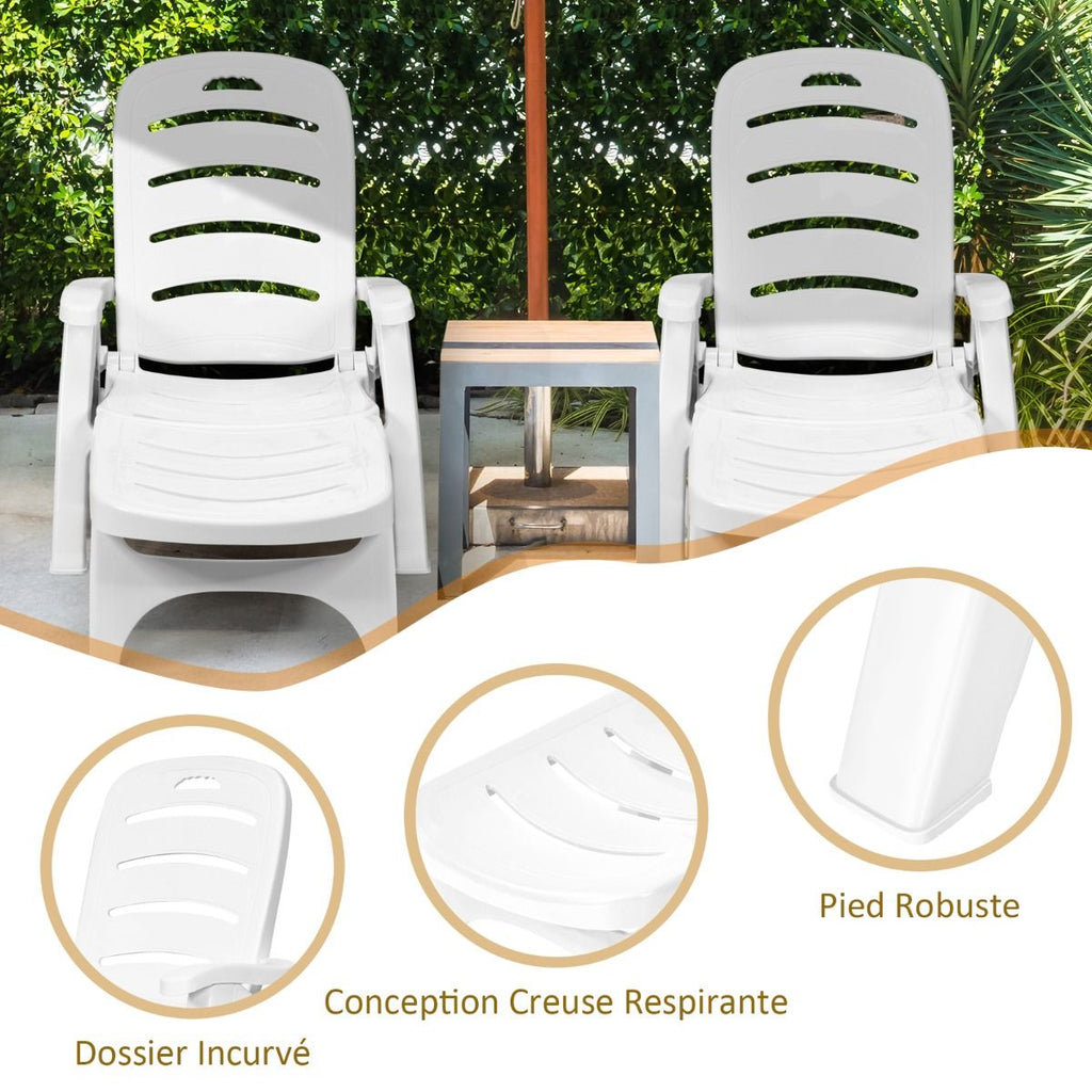 Chaise Longue Pliable Dossier Inclinable à 5 Positions avec Roues Intégrées pour Terrasse Jardin Piscine 150 kg Gris/Blanc/Bleu -
