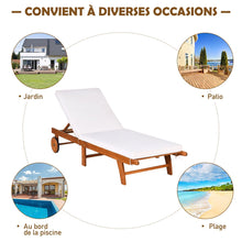 Load image into Gallery viewer, Chaise Longue Pliable en Bois avec 2 Roues et un Coussin Amovible Dossier Rglable Capacit Portante 160KG Idal pour L檈xtrieur -