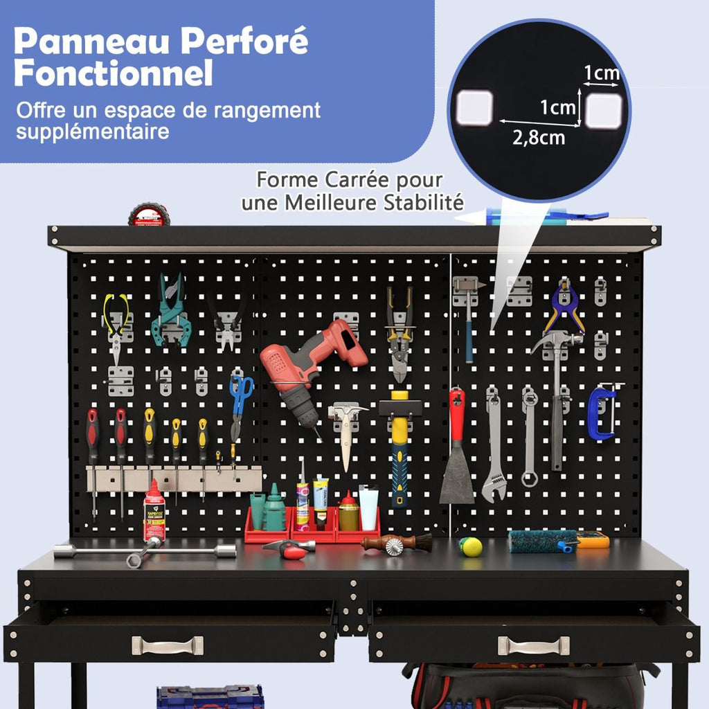 Établi de Bricolage 121 x 61 cm Table de Travail en Métal de 230 kg avec 3 Panneaux Perforés 24 Accessoires de Suspension Noir/Bleu Marine -