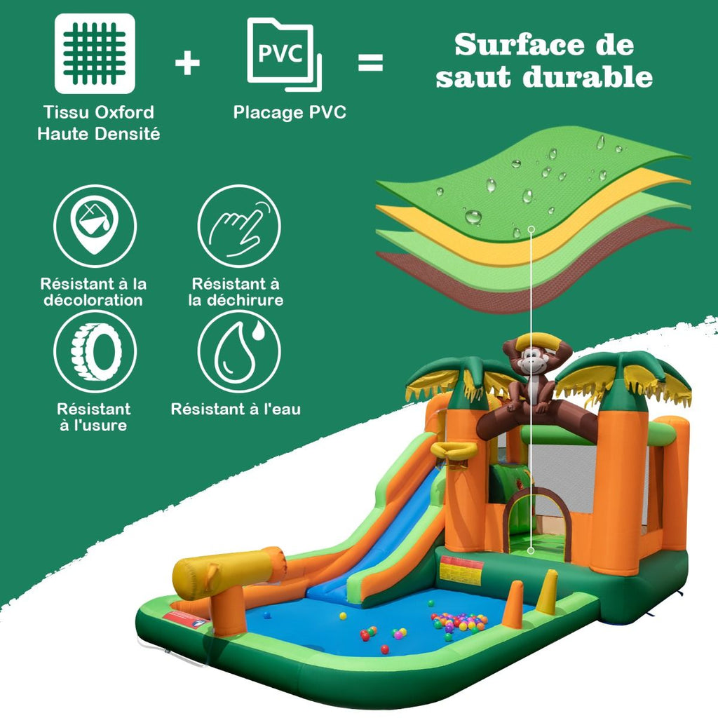 7 en 1 Ch芒teau Gonflable Tropical  Thme Singe & Palmier avec Toboggan Aquatique avec Piscine & 50 Boules Charge 90kg pour 2 Enfants de 3-10 Ans -