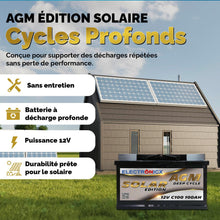 Load image into Gallery viewer, Batterie Solaire AGM 12V 100Ah Décharge Profonde sans Entretien pour Camping-Car, Voiture, Bateau, Jardin et Systèmes Solaires Autonomes Batterie Énergie Electronicx Solar Edition