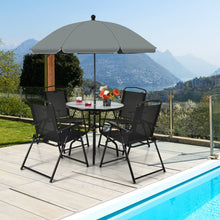 Load image into Gallery viewer, Ensemble Salon de Jardin 6 Pcs 4 Chaises Pliantes Table Basse en Verre et Parasol pour Terrasse Piscine Cour Noir -