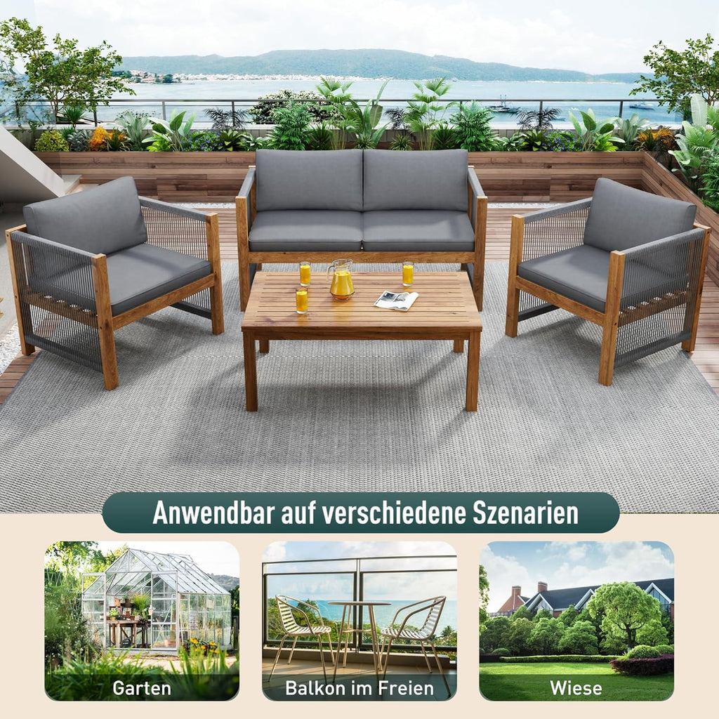 Salon de Jardin,Salon de Jardin 4 Personnes,avec canapé,Table Basse et Coussins,Housse en Tissu déhoussable et Lavable,Noir (Coussins d'assise Inclus)