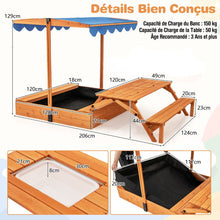 Load image into Gallery viewer, Bac à Sable en Bois pour Enfants avec Couvercle Aire de Jeux avec Table Sensorielle Pliable &amp; Banc Parasol Ajustable pour 3+ Ans Naturel -