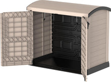 Load image into Gallery viewer, Duramax StoreAway 1200L Plastic Garden Shed/ Flat Lid,Outdoor Storage Shed,Wheelie Bin Hideaways,Wheelie bin box,Durable Construction,Ideal for Bikes,BBQs &amp; 2x 240L Bins,145x85x125 cm,Brown