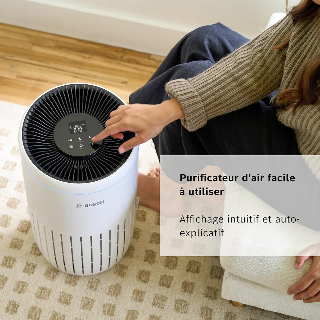 Bosch Air 4000 - Purificateur d'air - Pour les pièces jusqu'à 62,5 m² - Filtre efficacement plus de 99% des polluants - Un capteur intelligent, modes auto et silence (< 25 dB(A)) - CADR : 300 m³/h