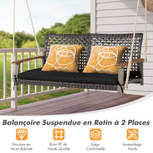 Load image into Gallery viewer, Banc Suspendu de Jardin en Rotin 2 Place Accoudoirs en Bois d'Acacia Cadre en Métal Coussin Cordes Crochets Blanc/Noir -